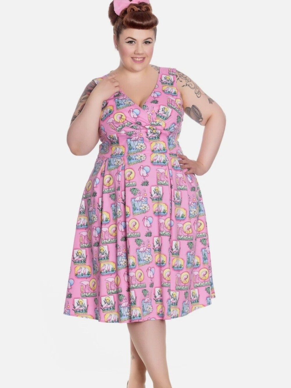 Hell Bunny Vixen XL Pink Flamingo Swing Dress Rockabilly Pin Up Retro 50s Cotton